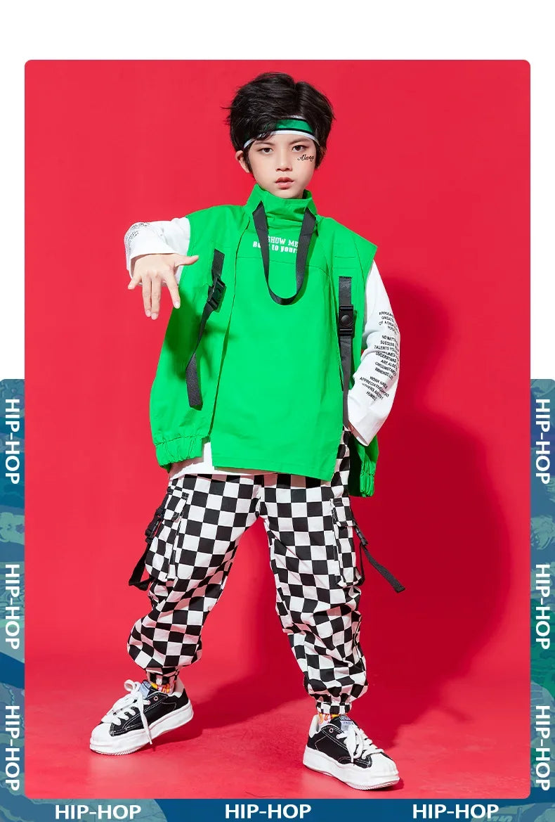 Kid Hip Hop Clothing Sleeveless Jacket Top Streetwear Checkered Tactical Cargo Jogger Pants for Girls Boys Dance Costume Clothes