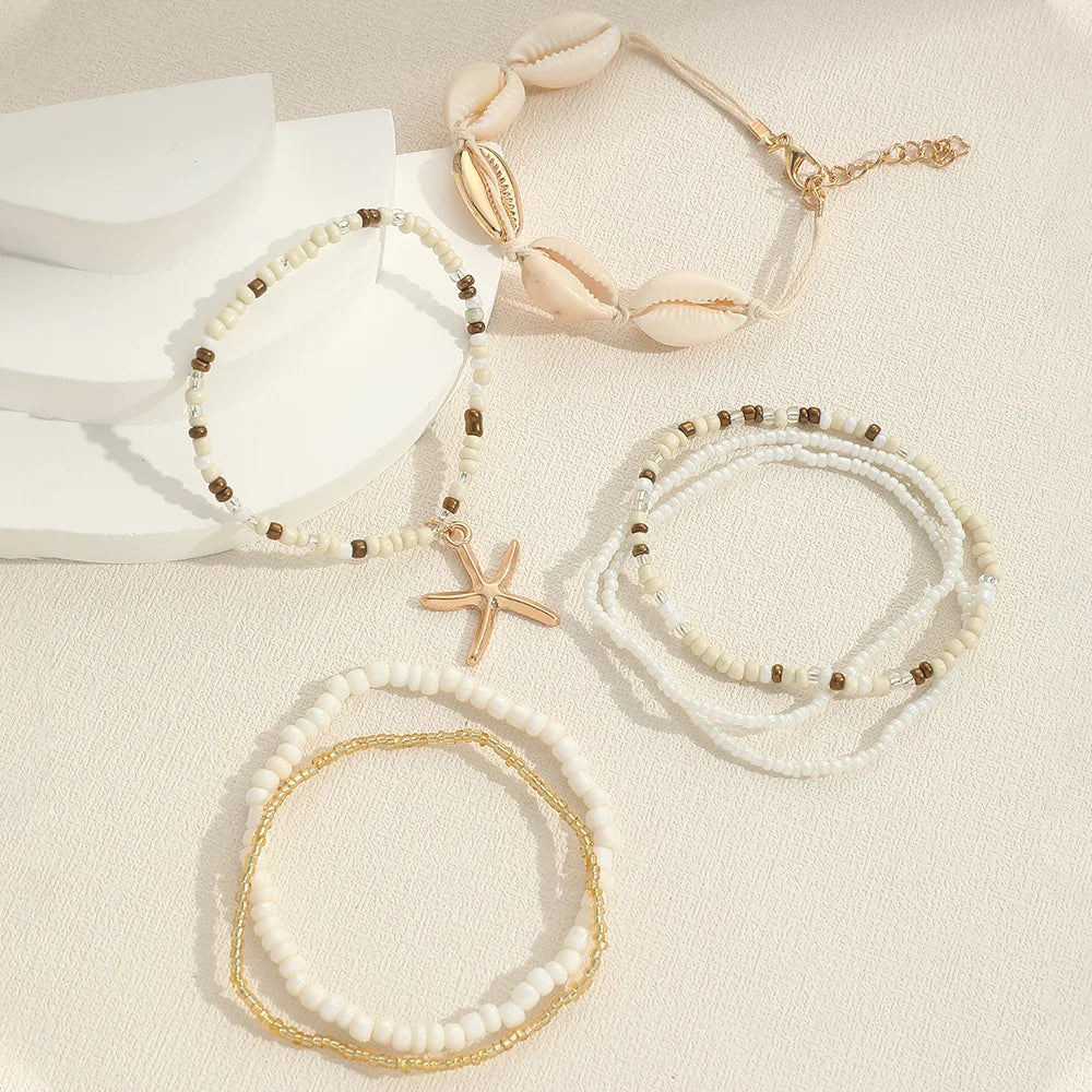 7Pcs/Set Bohemian   Recreational Starfish Shell Woven Bracelet Set For Women Summer Beach Vacation Accessories