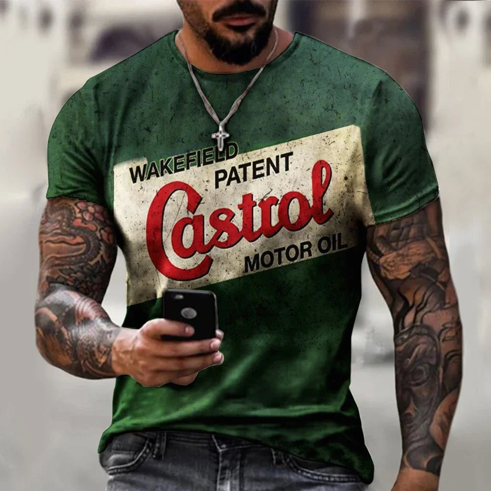Men's casual T-shirt, white-collar shorts, quick drying summer shirt, breathable, racing motorcycle, 3D printed short top, 2025