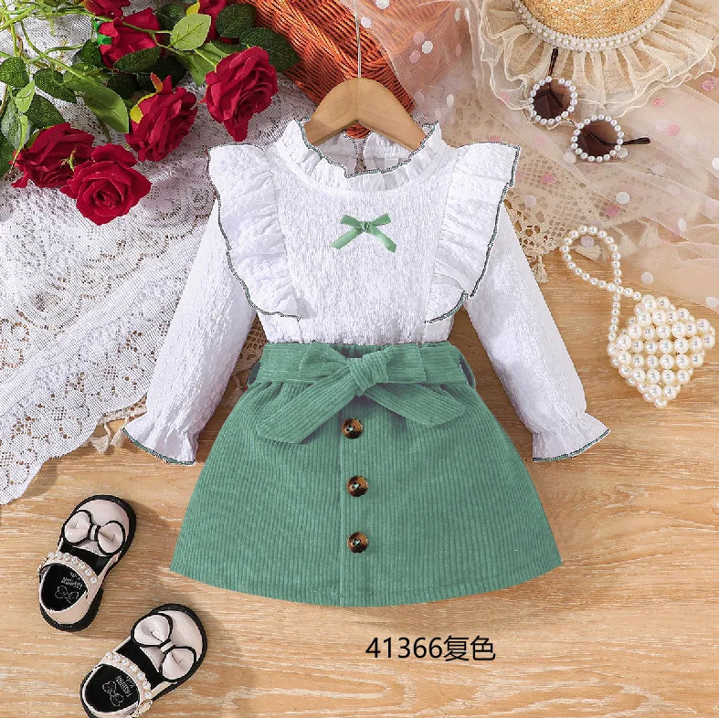 Kid Girl Dress White Long - Sleeved Shirt Ruffled Collar with Trim Corduroy Skirt Large Bow Three Buttons Children Elegant Skirt