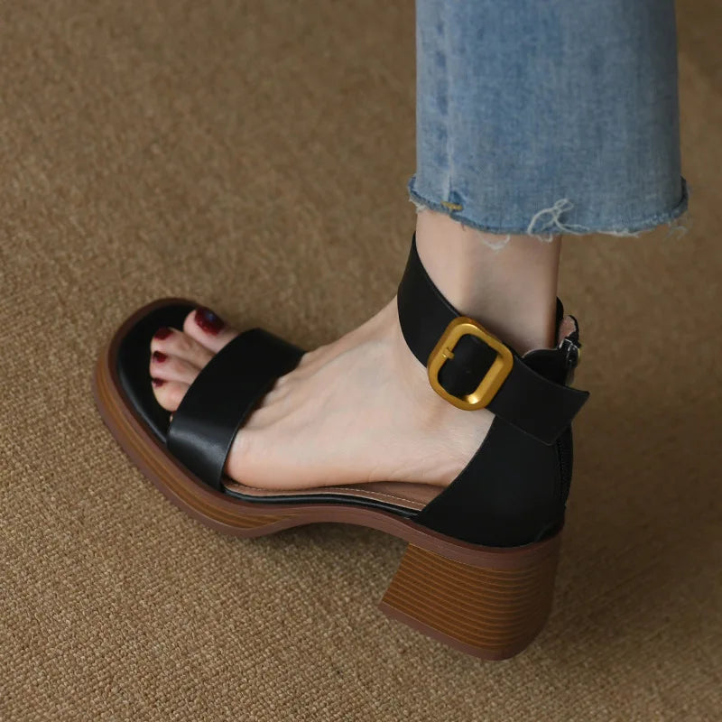 Women's Sports Shoes Beige Hardened Sole Open Toed Sandals Rear Zipper Peep Toe Retro High Heels