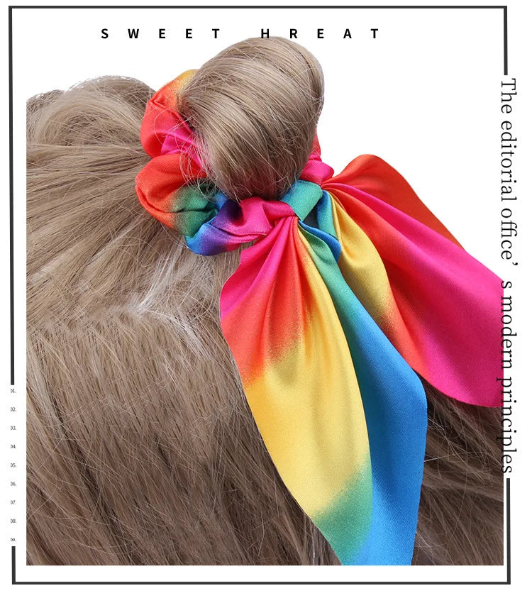 Hair Accessories with Bow Hair Ties Girls Women Elastic Hair Rubber Bands Elastic Rainbow Ribbon Hair Scrunchie Ponytail Holders