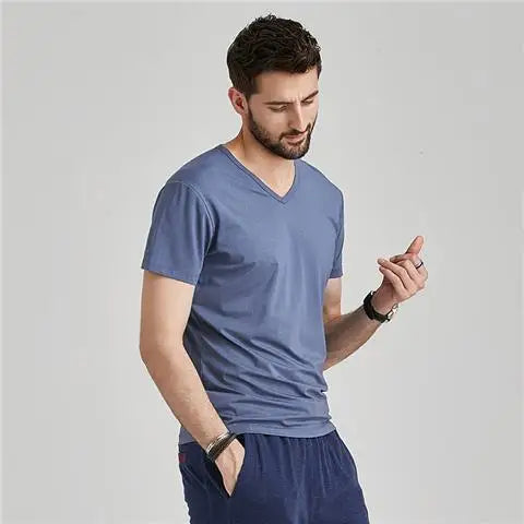 Summer Fashion Luxury Brand T-Shirts for Men with V-Neck Short Sleeves and Ice Silk Modal Fabric Gym Golf Clothing Men Tops
