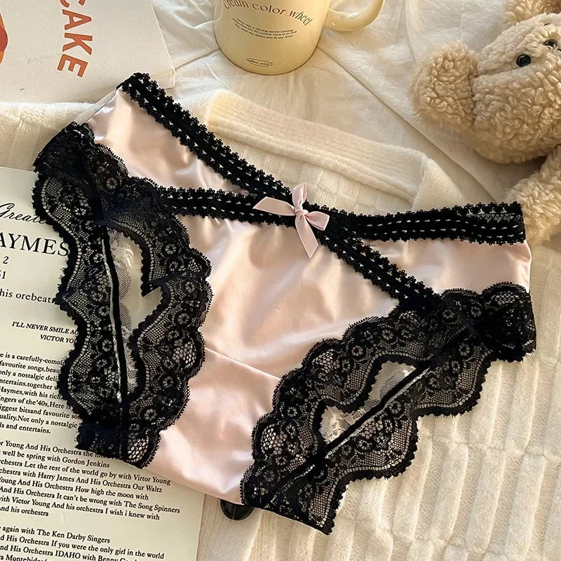 French Lace Underwear Pure Cotton Crotch Satin Sexy Triangle Panties Women's Innerwear Comfortable Breathable Ladies Briefs