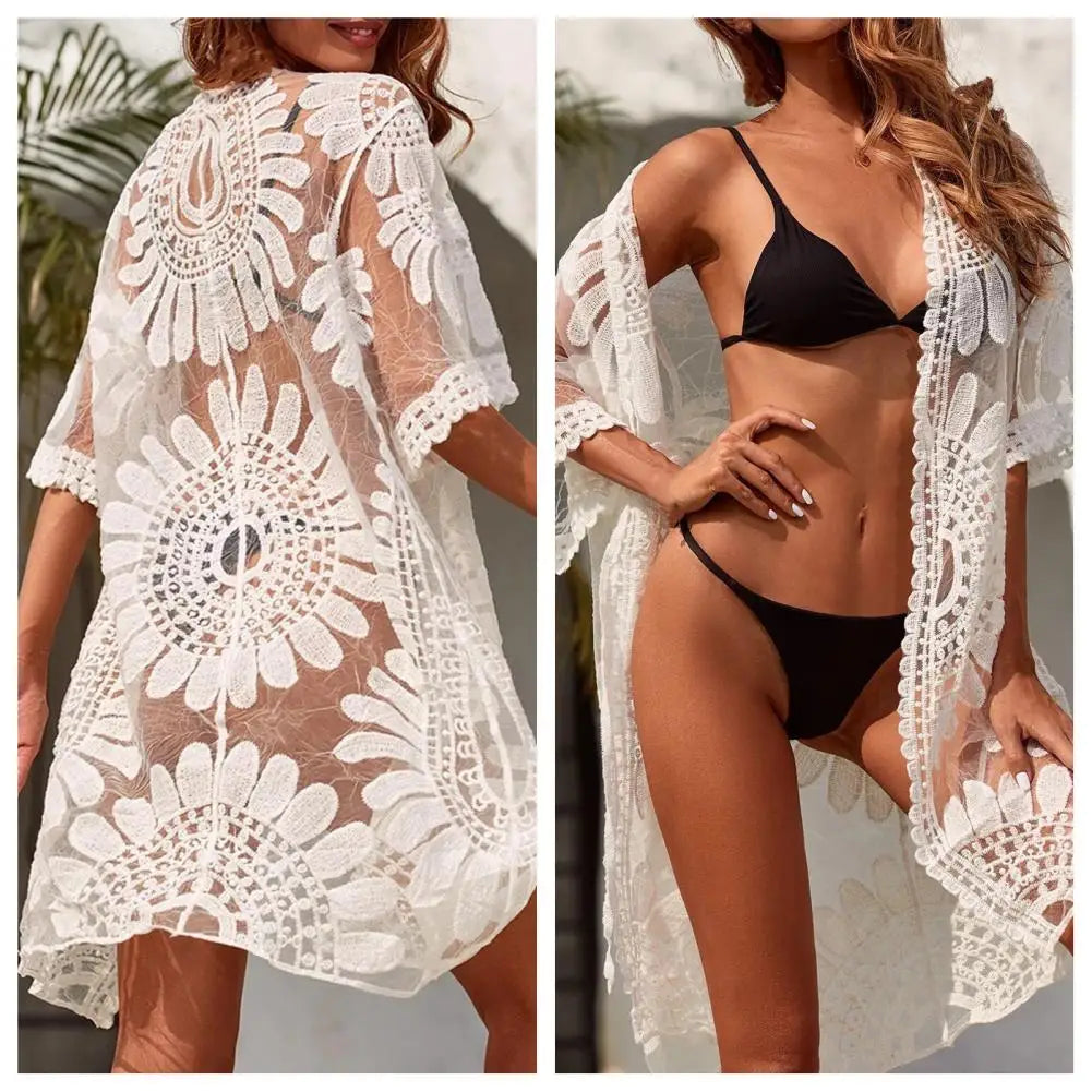 One Size  Sexy Lace Up Summer Beach Cover Up Solid Color Women Beach Dress Flower Embroidery   Women Clothes
