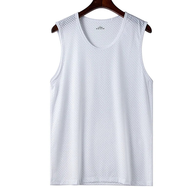 Men Ice Silk Mesh Summer Thin Sleeveless Shirt Round Neck Breathable Sports Fitness T-Shirt Bottom Korean Mena Tank T-shirts