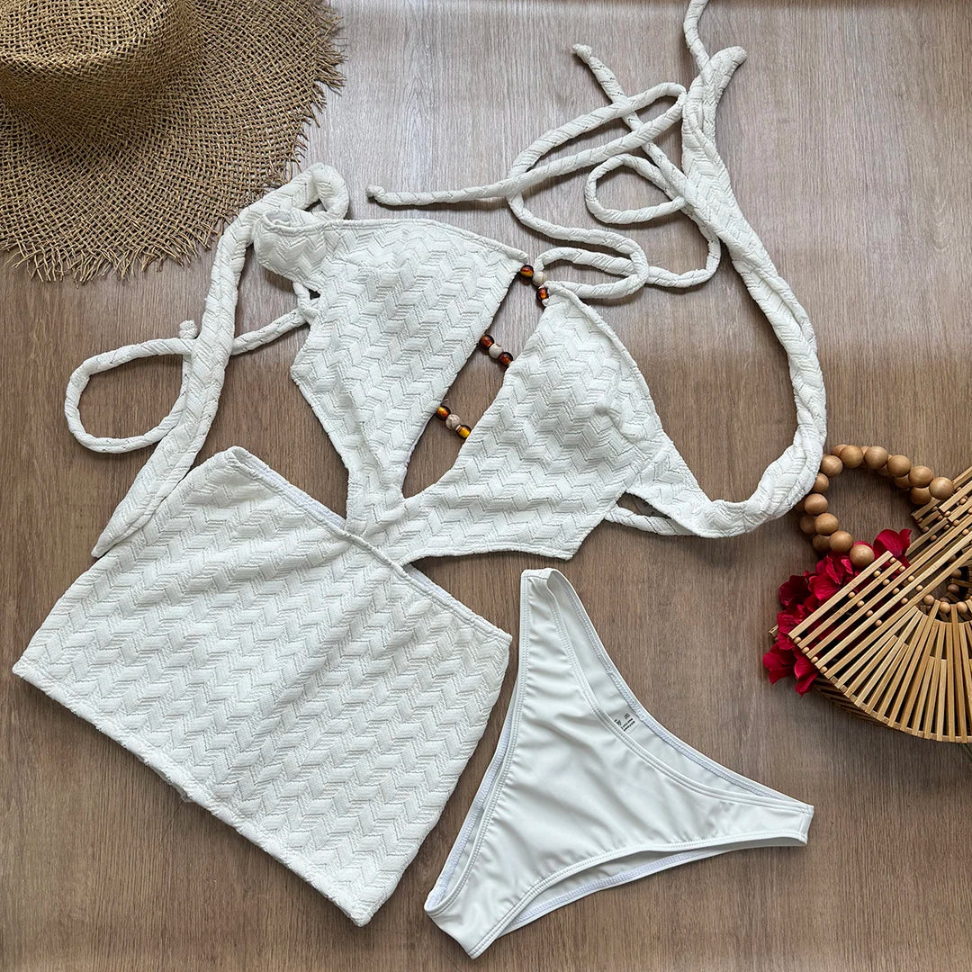 SEAURAL 2025 New Knitting Halter Neck Beach Dresses For Women Wrap Chest Mesh Swimming Elegant Cover-Up Skirt Sexy Vacation