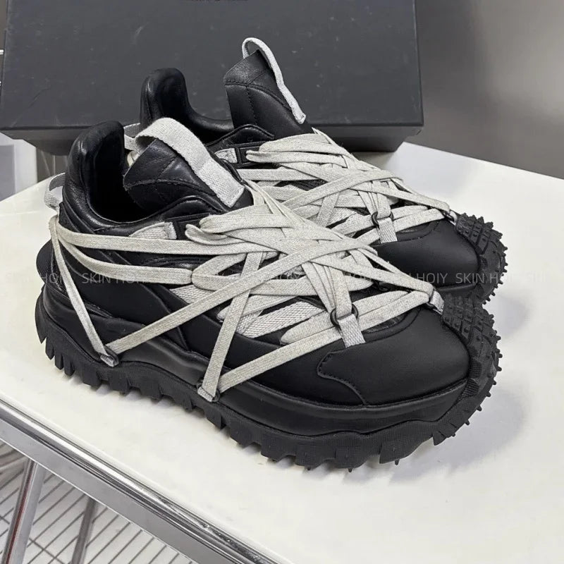 2025 New Platform Sneakers Women  Men  Casual Shoes  Leather Round Toe  lace up Runners Shoes 35-46 Women's Sports Shoes