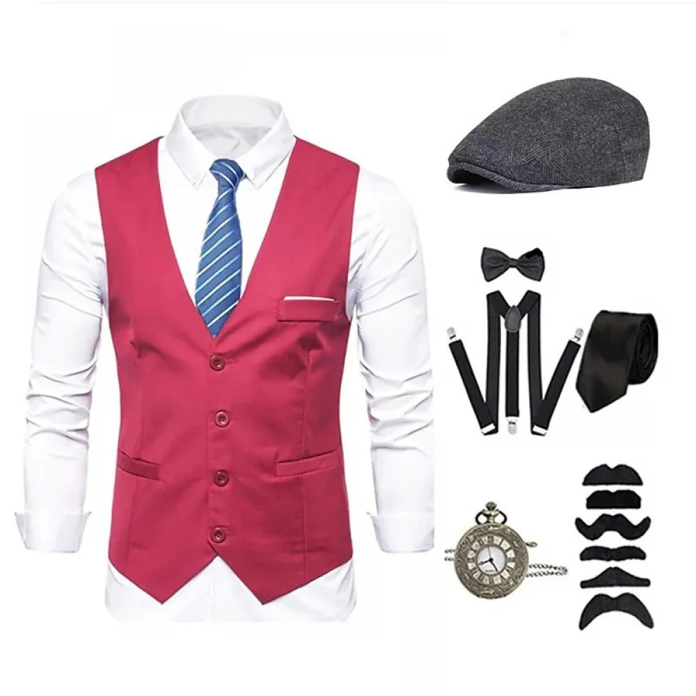 1920s Mens Accessories Set Retro Gangster Costume Tie Hat Vest Victorian Vintage Slim Waistcoat Set Halloween Party Outfits