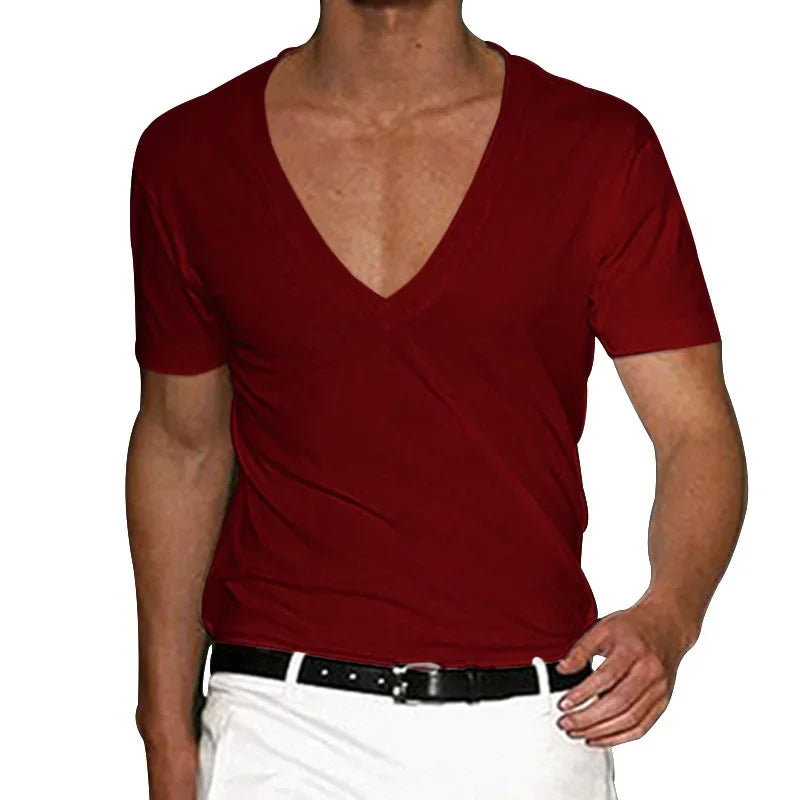 European and American Mens V Neck Sports T-Shirt Summer Cultivate One's Self Casual Solid Color Street Short Sleeve T-Shirt Top