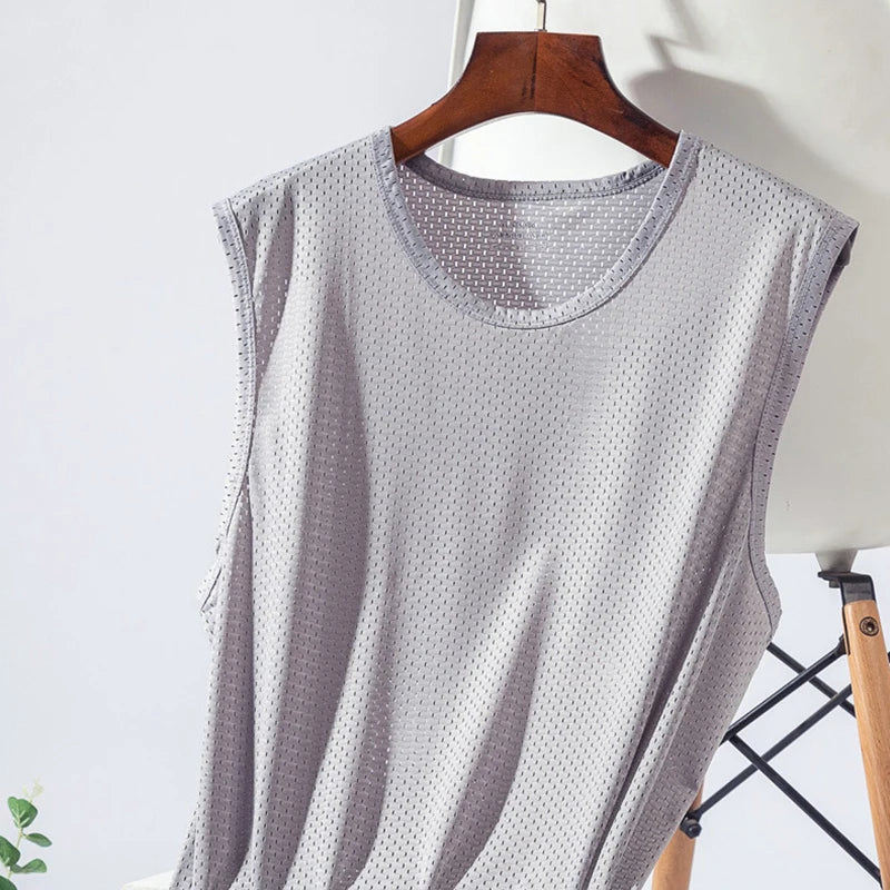 Men's Ice Silk Mesh Vest Tops Quick-drying Bodybuilding Tank Tops Breathable Sleeveless T-Shirt Summer Cool Vest Muscle Singlets