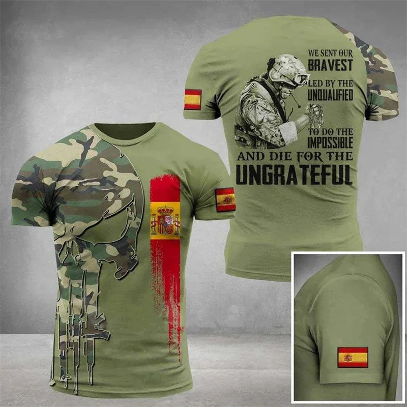 Summer New Men's T-shirt 3D Printed T-shirt Camouflage Army Spanish Flag O-neck Oversized Outdoor Casual Short Sleeved Top