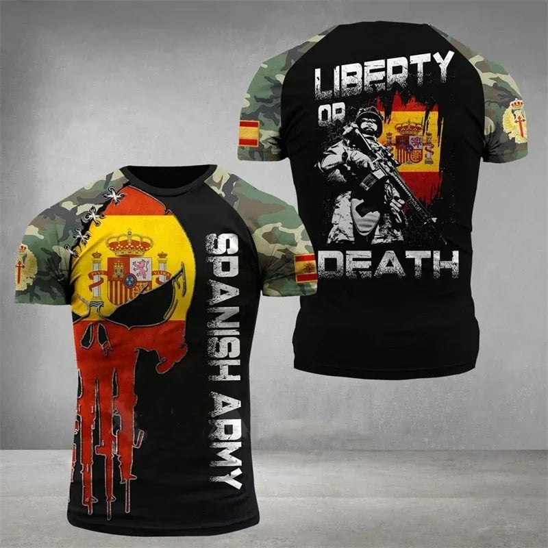 Summer New Men's T-shirt 3D Printed T-shirt Camouflage Army Spanish Flag O-neck Oversized Outdoor Casual Short Sleeved Top