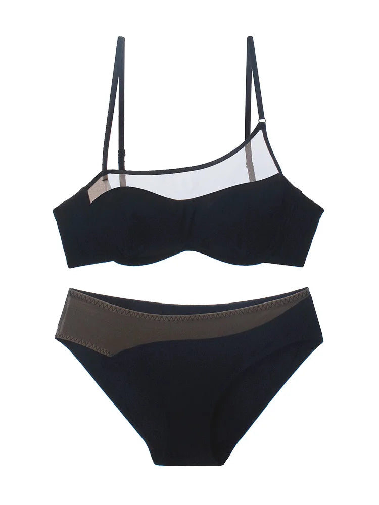 Lingerie women's thin section of mesh gauze bustier bra sexy underwear set new black white ladies bralette and panty suit