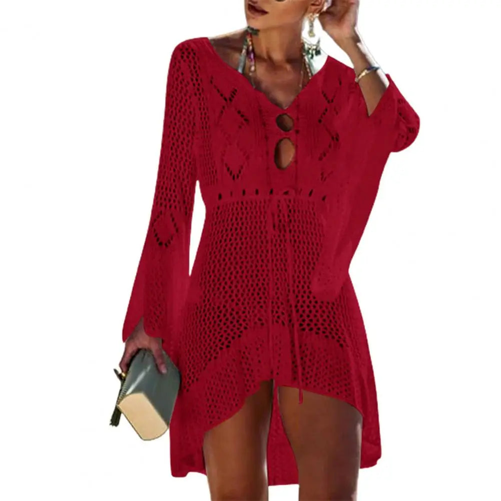 Summer Women Bikini Cover Up Hollow Out Knitted Flared Sleeves Swimwear Cover Up Solid Color Drawstring Beach Dress For Vacation