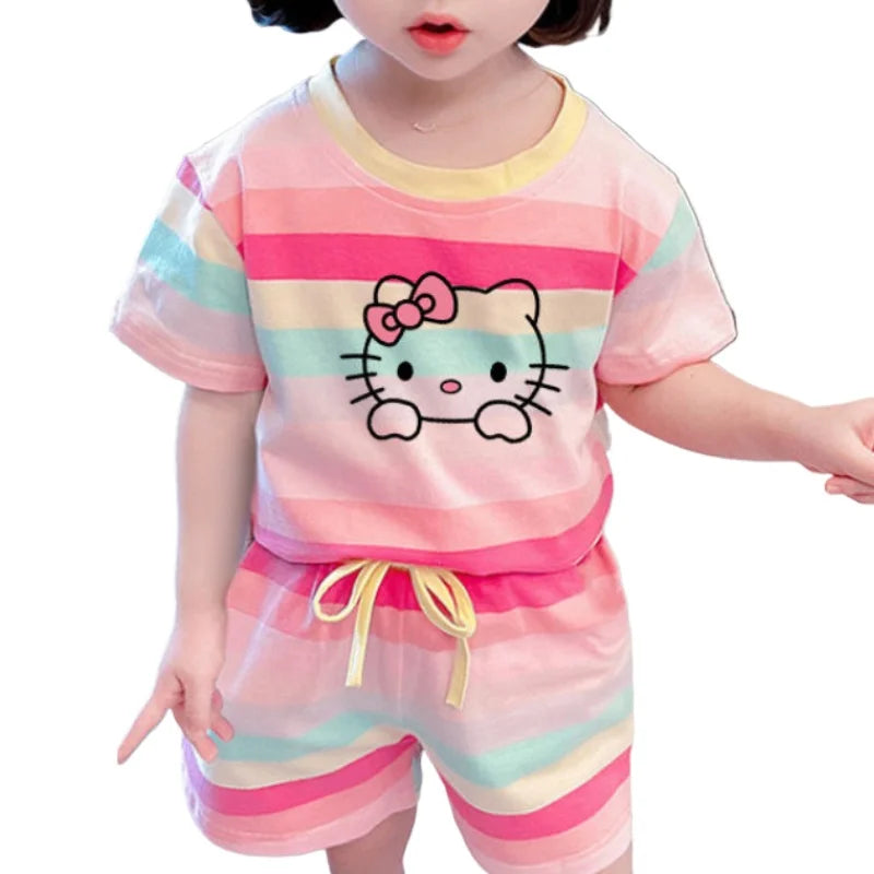 Cute Hello Kitty Summer Clothing Sets for Kids Baby Girls Outfits Children's Short Sleeve T Shirt + Elastic Waist Shorts 2pcs