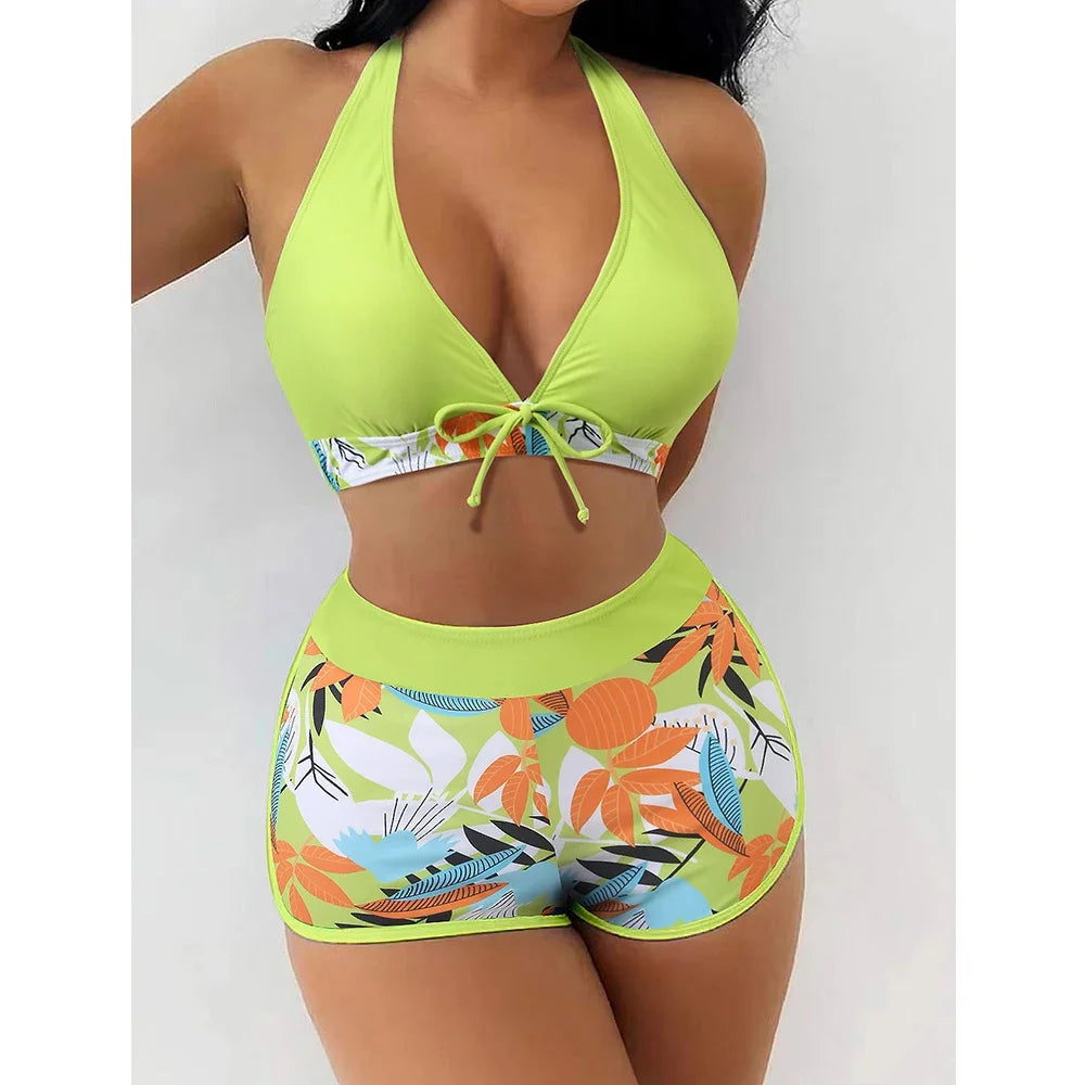 Sexy Triangle Bikini Set Women's Two Pieces Swimsuit Hanging Neck Cross Split Swimwear Color Matching Brazilian Bathing Suit