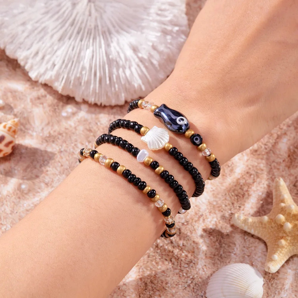 4pcs Set Bohemian Fashion Ceramic Fish Shells Rice Bead Bracelet for Women Summer Beach Vacation Cute Jewelry Accessories Gifts