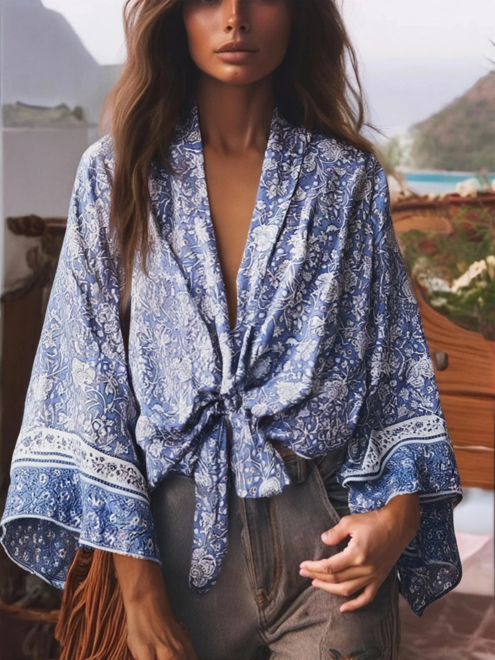 Boho Queens Porcelain Floral Beach Kimono Short Robe Women Fashion Batwing Sleeves Rayon Bohemian Bikini Cover Ups Beachwear