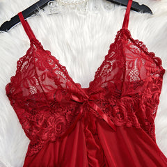 Transparent Red Lace See Through Nightdress Women's Sexy Lingerie Underwear Sleepwear Panty Pijamas Sets Nighty