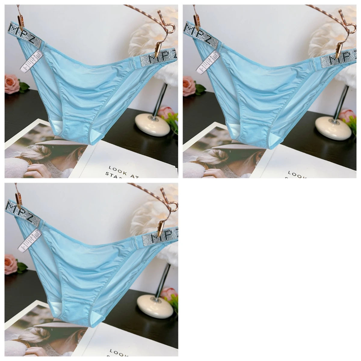 תחתוני נשים רכים וחלקים משובצים יהלומים צרפתיים מותניים נמוכים, מכנסיים משולשים נושמים, מפשעה ונוחות, יוקרתיים