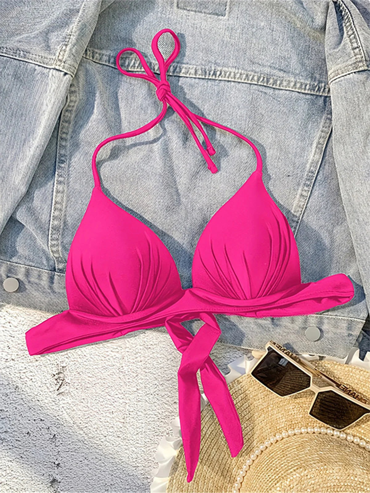 XS - XL Sexy 4 Colors Bra Cup Halter Bikini Top Female Swimsuit Women Swimwear Bather Bathing Suit Swim Solid Beach Top K7019