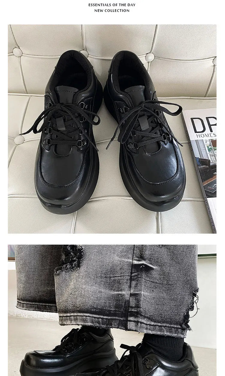 Thick soled 7CM raised leather shoes for men, black sports shoes for women, lightweight soft soled dad shoes for couples