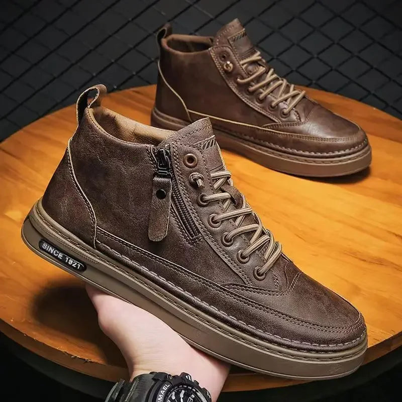 Men's Shoes Fashion High Top Sneakers PU Leather Casual Shoes for Men Platform Boots Retro Zipper Ankle Boots Zapatillas Hombre