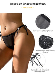 Ohyeahlady Women Sexy Underwear Solid Black Floral Pattern Hollow Out Low Waist Mini Micro Thong Erotic Beaded Plus Size Panties