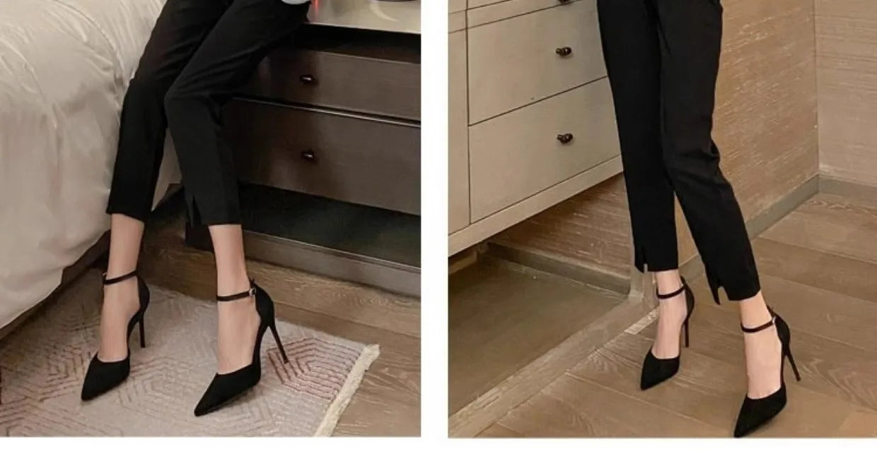 Spring and Autumn High Heel Women 2024 New Versatile Thin Heel Professional L Pointed Black Buckle Strap Single Shoe Women