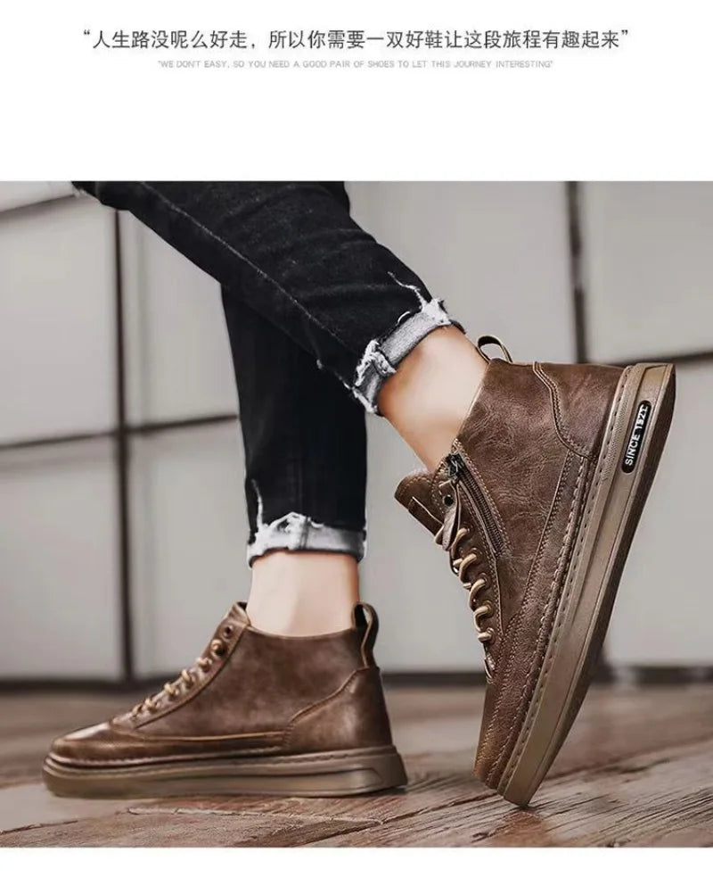 Men's Shoes Fashion High Top Sneakers PU Leather Casual Shoes for Men Platform Boots Retro Zipper Ankle Boots Zapatillas Hombre