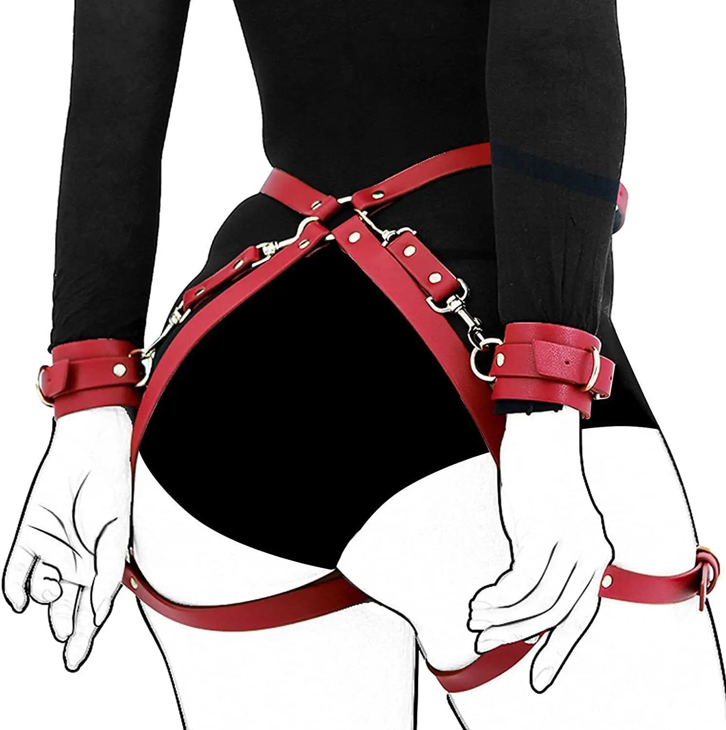Exotic Accessories SM Bondage Kit Leather Thigh Cuffs Waist Belt Handcuffs Bed Strap Adult Role Play Toy for Couples