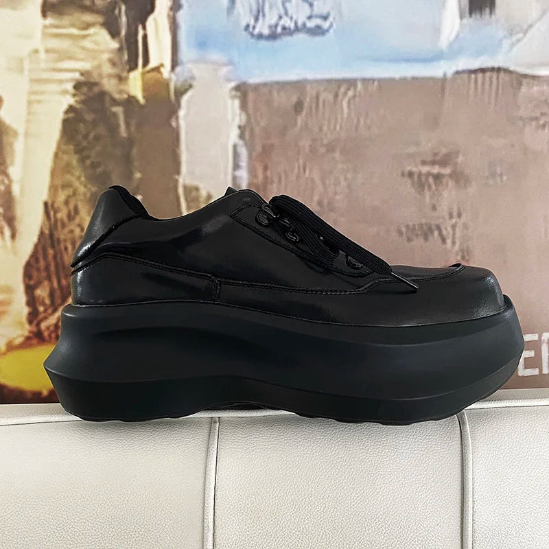 Thick soled 7CM raised leather shoes for men, black sports shoes for women, lightweight soft soled dad shoes for couples