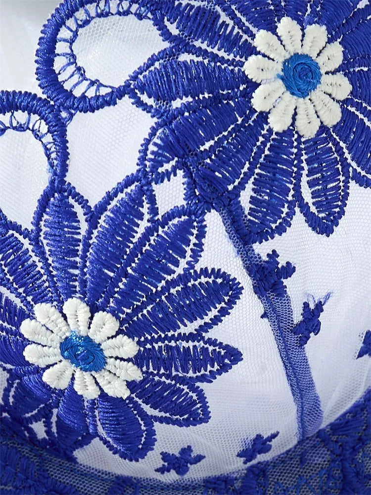 Fairy Sexy Lingerie Floral Embroidery Wire Bra Set Deep Blue Mesh Underwear Transparent Lingerie Honeymoon Intimate Lingerie Set