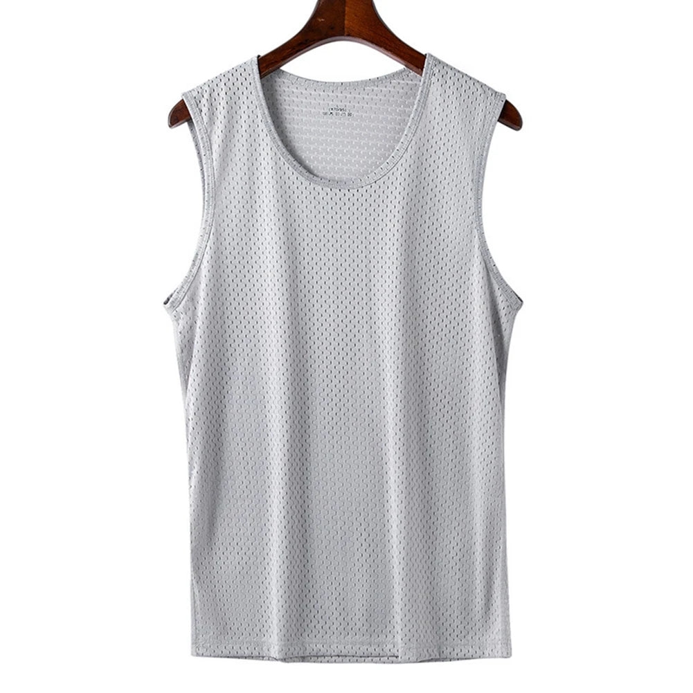 Men Ice Silk Mesh Summer Thin Sleeveless Shirt Round Neck Breathable Sports Fitness T-Shirt Bottom Korean Mena Tank T-shirts