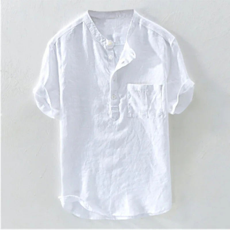 Spring and Summer Men's Cotton Linen Shirts Long Sleeve Casual Beach Henley T-Shirt Vacation Tops with Pocket Men Streetwear