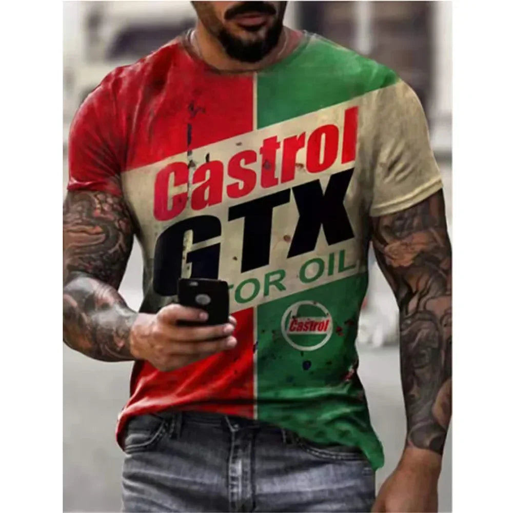 Men's casual T-shirt, white-collar shorts, quick drying summer shirt, breathable, racing motorcycle, 3D printed short top, 2025