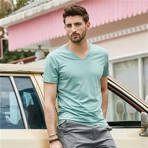 Summer Fashion Luxury Brand T-Shirts for Men with V-Neck Short Sleeves and Ice Silk Modal Fabric Gym Golf Clothing Men Tops