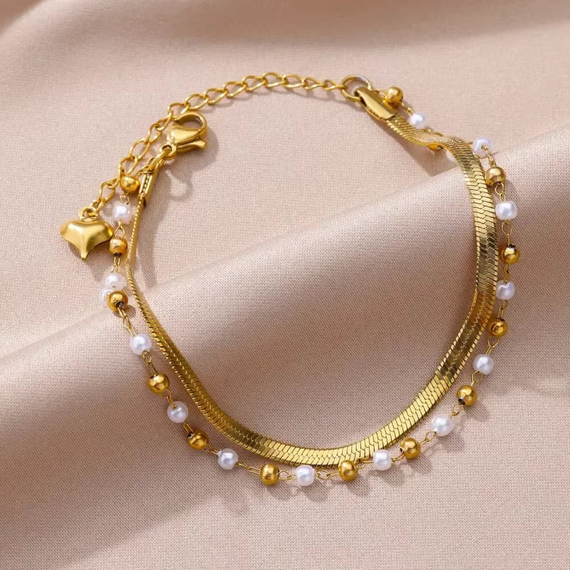 Boho Anklets for Women Summer Beach Accessories Stainless Steel Imitation Pearl Chain Anklet Gold Color Leg Bracelets Bodychain
