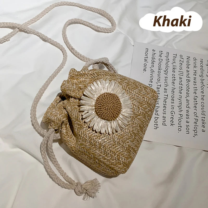 קיץ חוף פרח כתף תיקי תיקי קש לארוג דלי תיק ראטאן נשים טוטס מזדמן תיק רטרו מיני כתף תיק