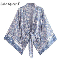 Boho Queens Porcelain Floral Beach Kimono Short Robe Women Fashion Batwing Sleeves Rayon Bohemian Bikini Cover Ups Beachwear