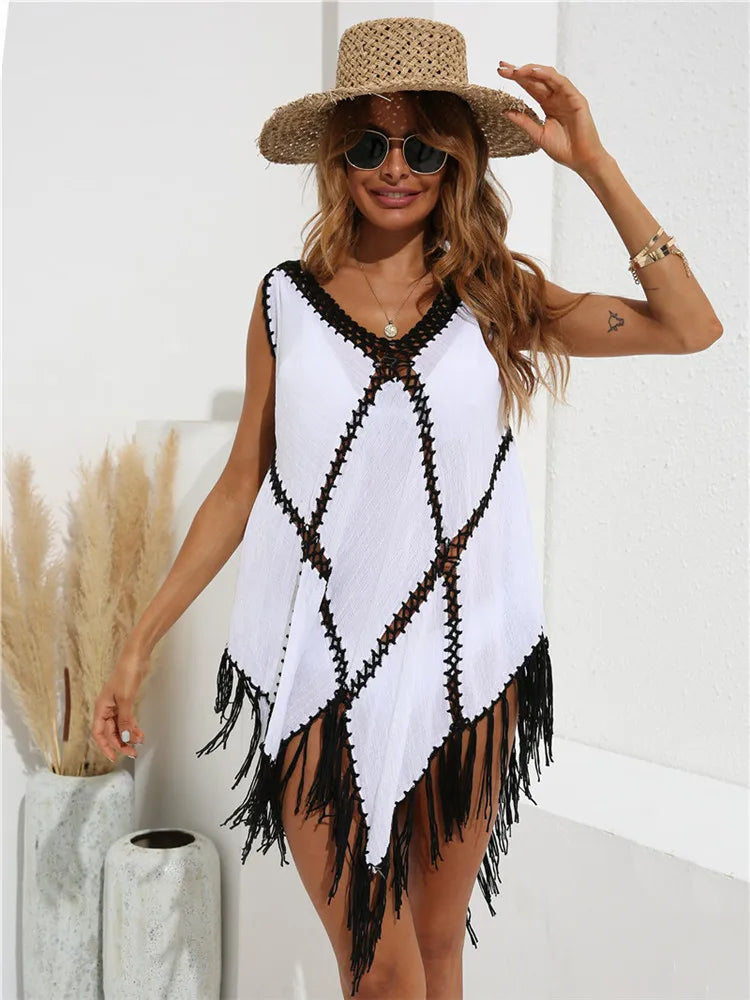 Beach Cover Ups For Women Fringe Tunic 2025 Swim Cover Up White Black Tunics Woman Summer Dress Women's Swimwear Cover-ups