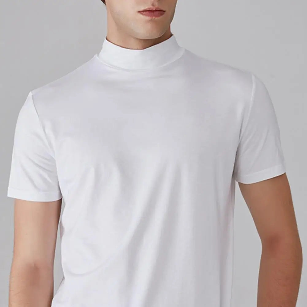 Men Half High Collar Slim Fit T-shirt Summer Casual Short Sleeve Solid Color Elastic Thin Pullover Tee Shirt Half Turtleneck Top