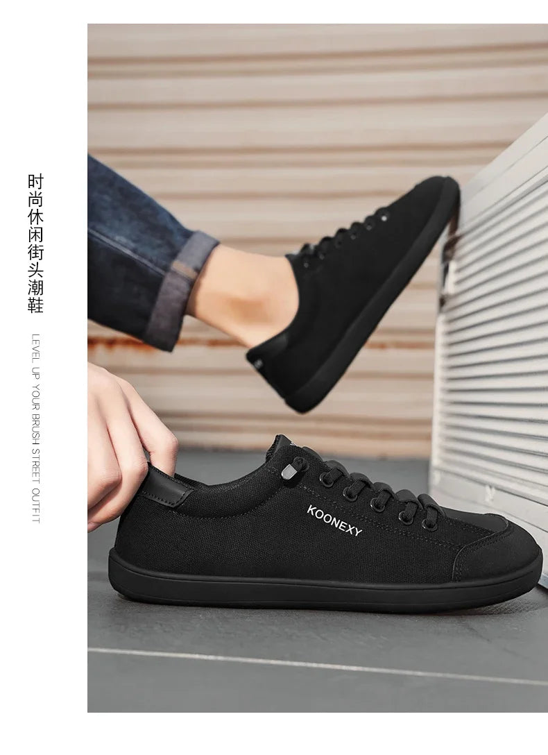 Mens Wide Toe Barefoot Shoes Unisex Canvse Casual Sneakers Lightweight Adjustable Slip on Walking Shoes for Male Zero Drop Flats