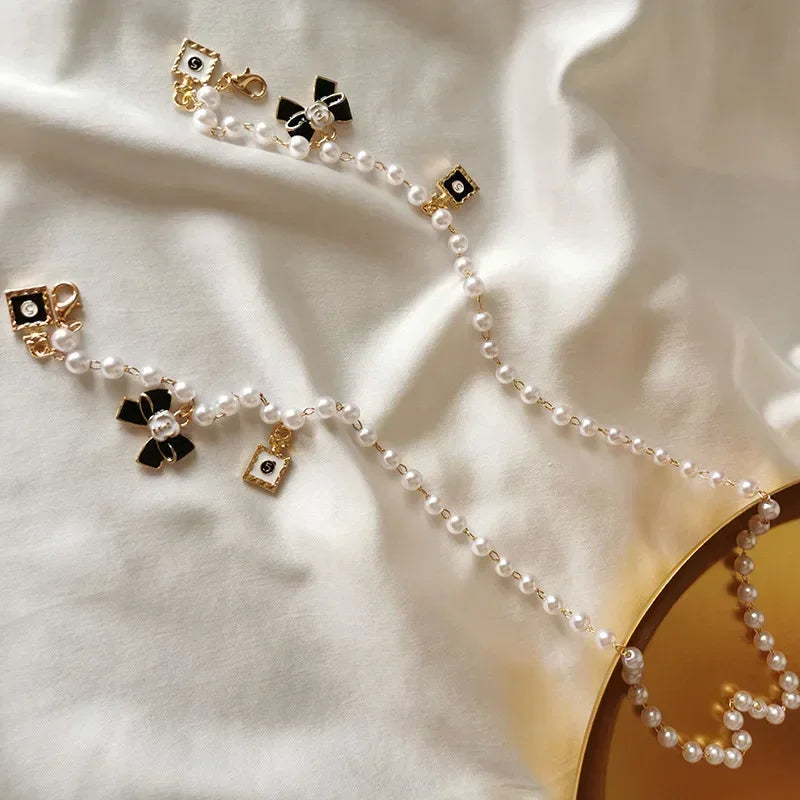 Black White  Bow Pearl Glasses Chains Sunglasses Accessory for Women  Lanyards Accessories