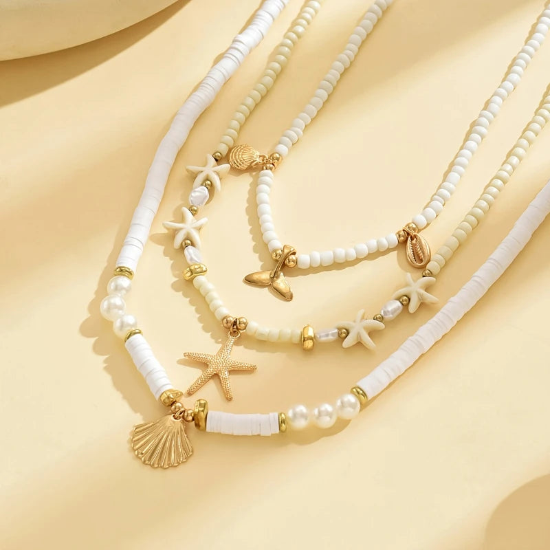 Bohemian Personality Starfish Imitation Shell Pendant Beaded Necklace Women Beach Vacation Wind Vacation Accessories Gift