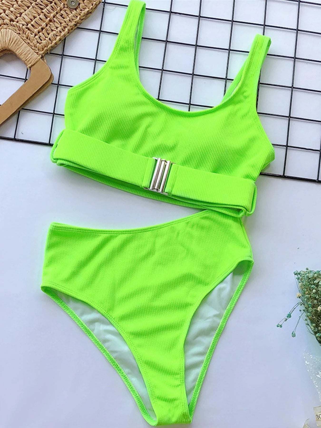 High Waist Bikini Women 2024 New Solid Swimwear Push Up Swimsuit Female Vintage Retro Bikini Set Buckle Bathing Suits Beach Wear