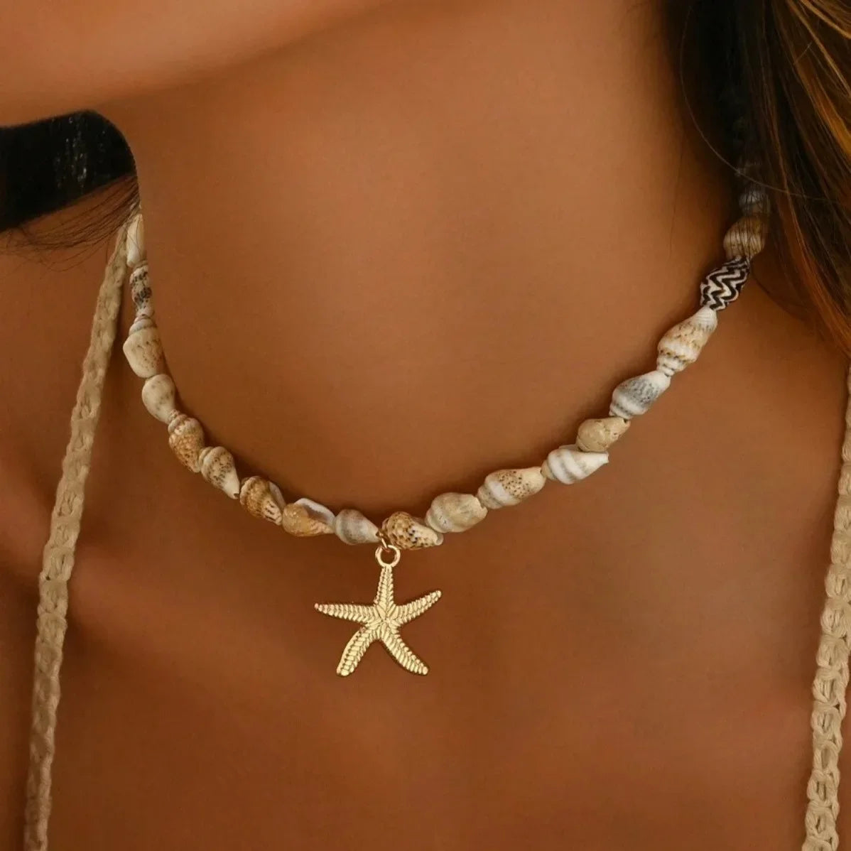 Bohemian Beach Shell Conch Beaded Necklace for Women Summer Ocean Style Seashell Starfish Pendant Choker Vacation Party Jewelry