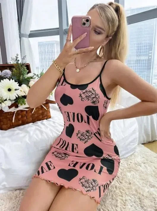 Sexy Lingerie Women Summer Nightgowns Sling Nightdress Fashion Printing Dressing Sleepwear Polyester Milk Silk Night Dress Woman