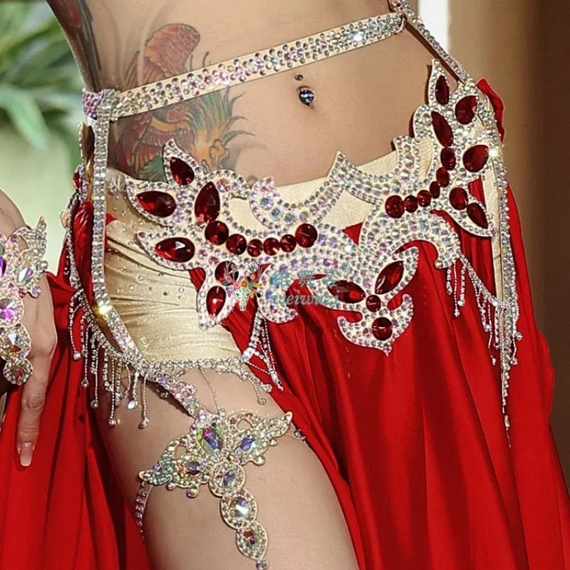 Belly Dance Performance Accessories for Women Senior AB Stones Chain Belt Girl's Luxury Competiton Leg LoopsSuper Sparkling
